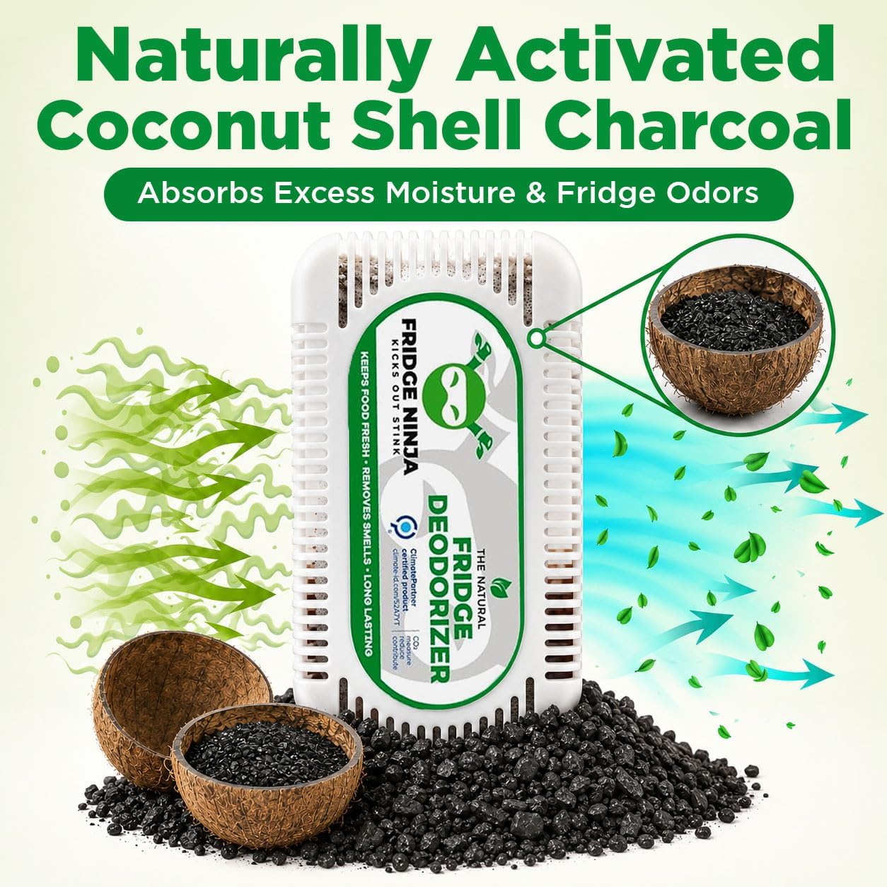Fridge Ninja Fridge Deodorizer, Activated Charcoal Odor Absorber, 4 Pack