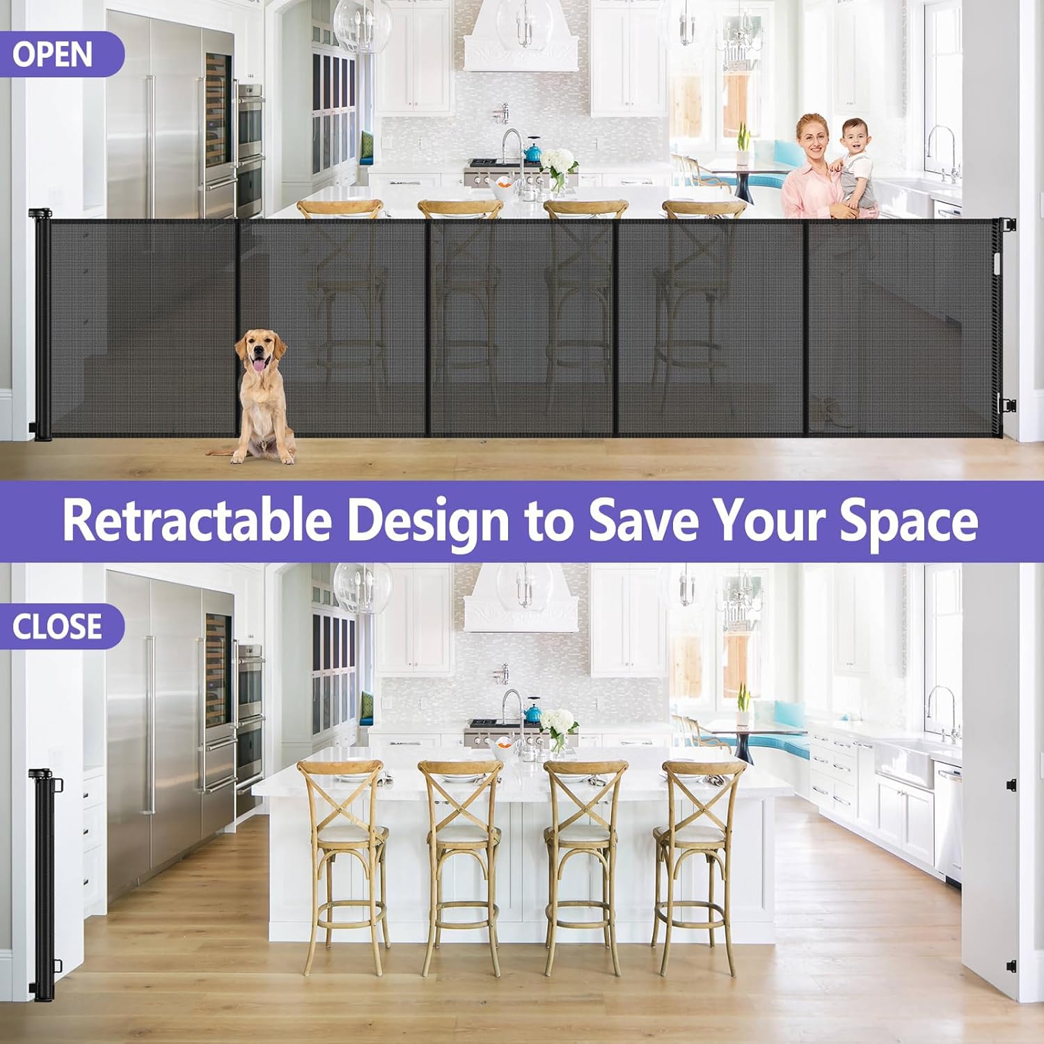 Reinforced 42" Tall 120" Wide Retractable Baby Gates for Large Openings
