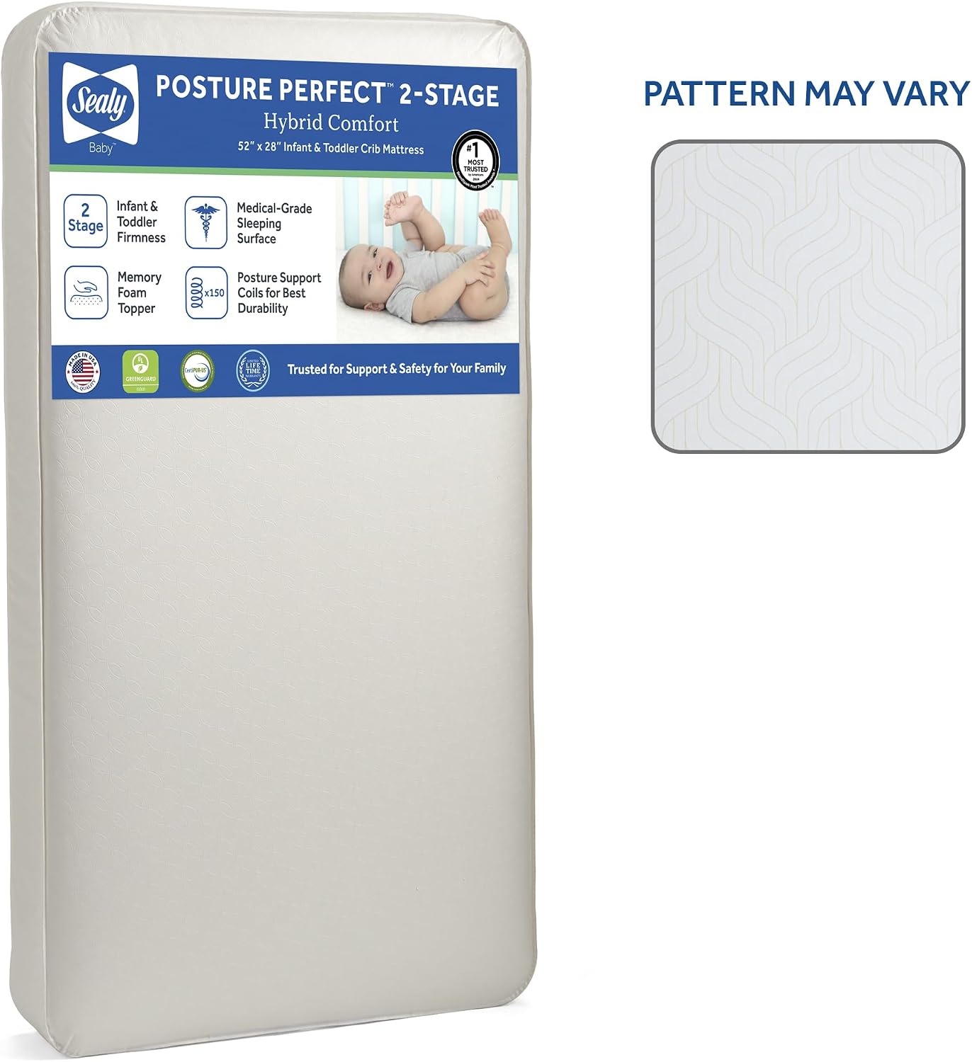 Sealy Baby Posture Perfect Breathable Crib Mattress, GREENGUARD Gold Certified, Made in USA, 2 Stage Hybrid Memory Foam & 150 Premium Coils, Toddler Bed Fit, Safety & Quality Tested, 52x28"