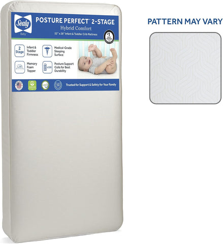 Sealy Baby Posture Perfect Breathable Crib Mattress, GREENGUARD Gold Certified, Made in USA, 2 Stage Hybrid Memory Foam & 150 Premium Coils, Toddler Bed Fit, Safety & Quality Tested, 52x28"