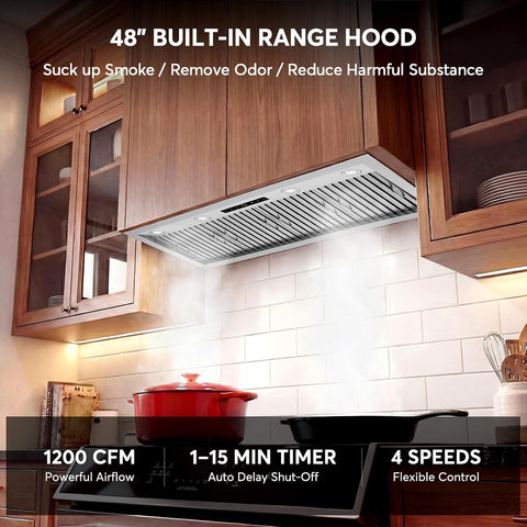 48" Built-in/Insert Range Hood, 1200 CFM Stainless Steel Kitchen Vent Hood