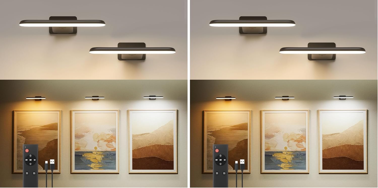FULEN 4 Pack Picture Lights for Wall,Art Lights for Painting,Battery Operated Wall Sconce Rechargeable,LED Wall Light Cordless with Remote, Frame,Gallery,Dartboard Lights No-Drill,Black
