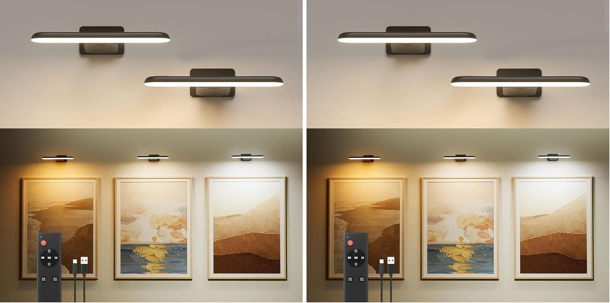 FULEN 4 Pack Picture Lights for Wall,Art Lights for Painting,Battery Operated Wall Sconce Rechargeable,LED Wall Light Cordless with Remote, Frame,Gallery,Dartboard Lights No-Drill,Black