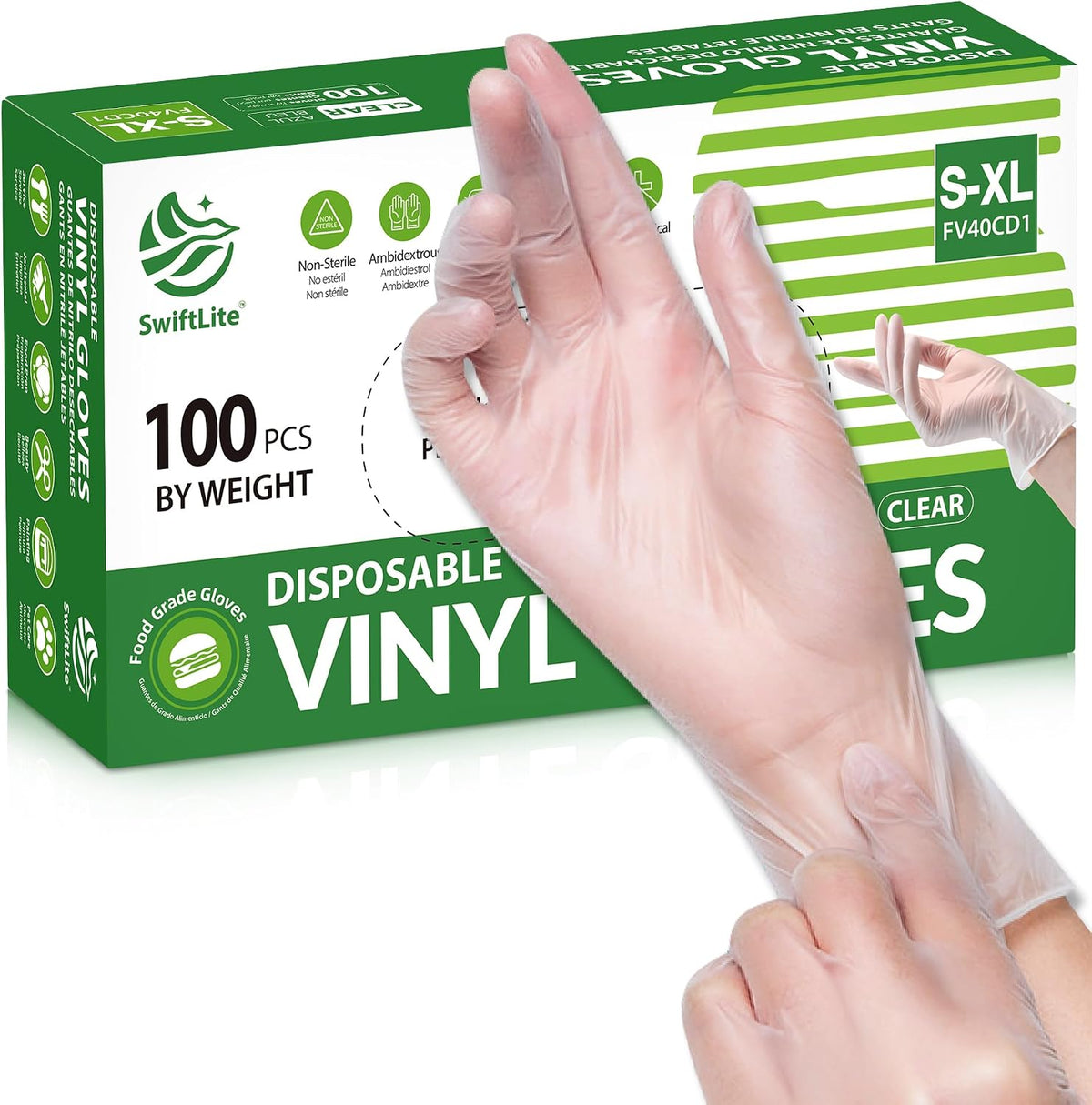 SWIFTLITE Disposable Vinyl Gloves, Food Safe