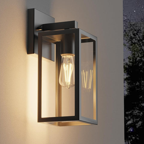 Kalium Porch Wall Lights Outdoor, Waterproof Lanterns with Frame and Clear Glass Shade, Exterior Front Porch Light Matte Black Wall Sconce, Modern Mounted Lighting for Patio Entryway Hallway