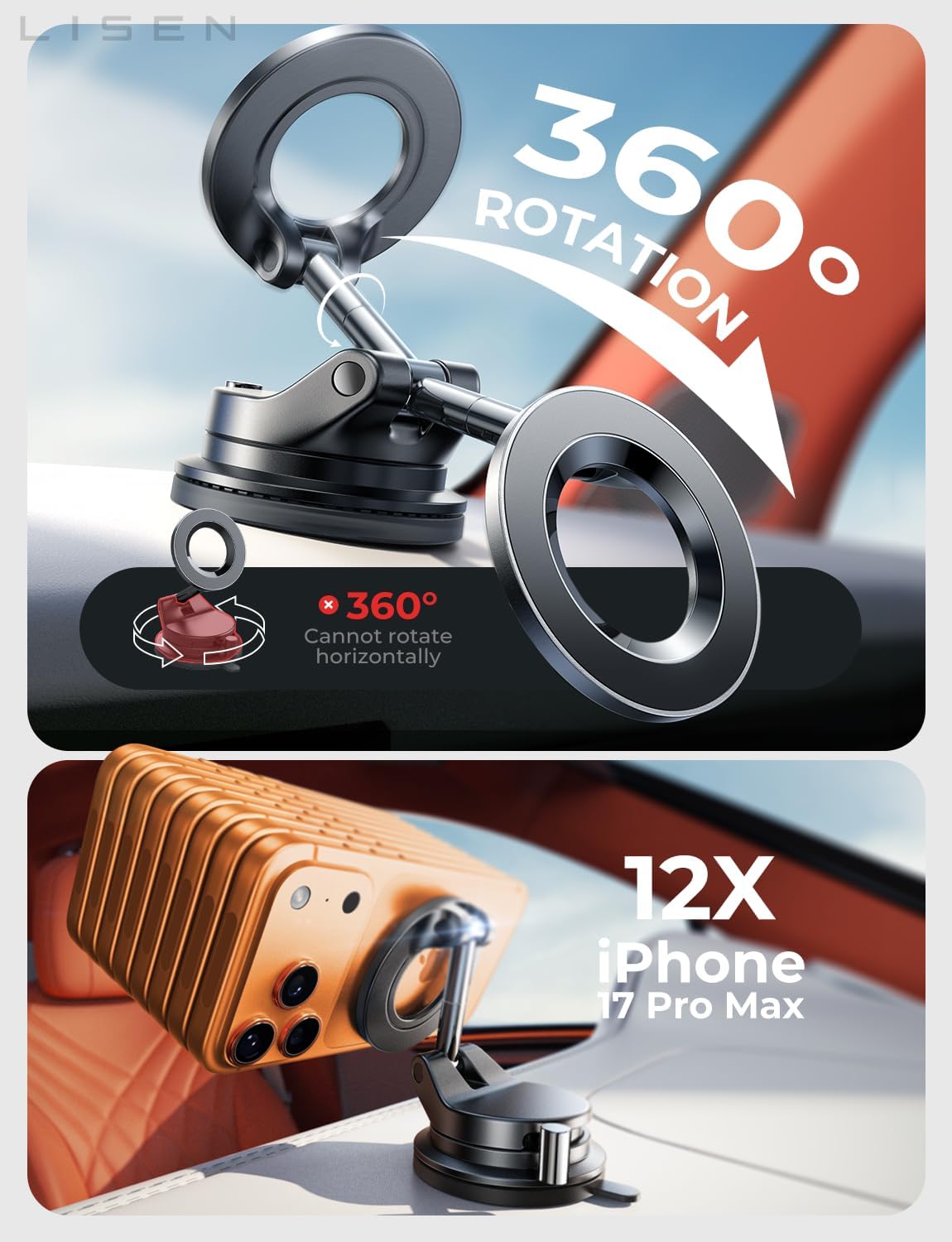 LISEN for MagSafe Car Mount [3800gf Strong Magnet & 90+LBS Suction] 360° Adjustable Vacuum Magnetic Phone Holders for Your Car, for iPhone 17 Pro Max 16 15 14 13 12 Plus Air for All Smartphones