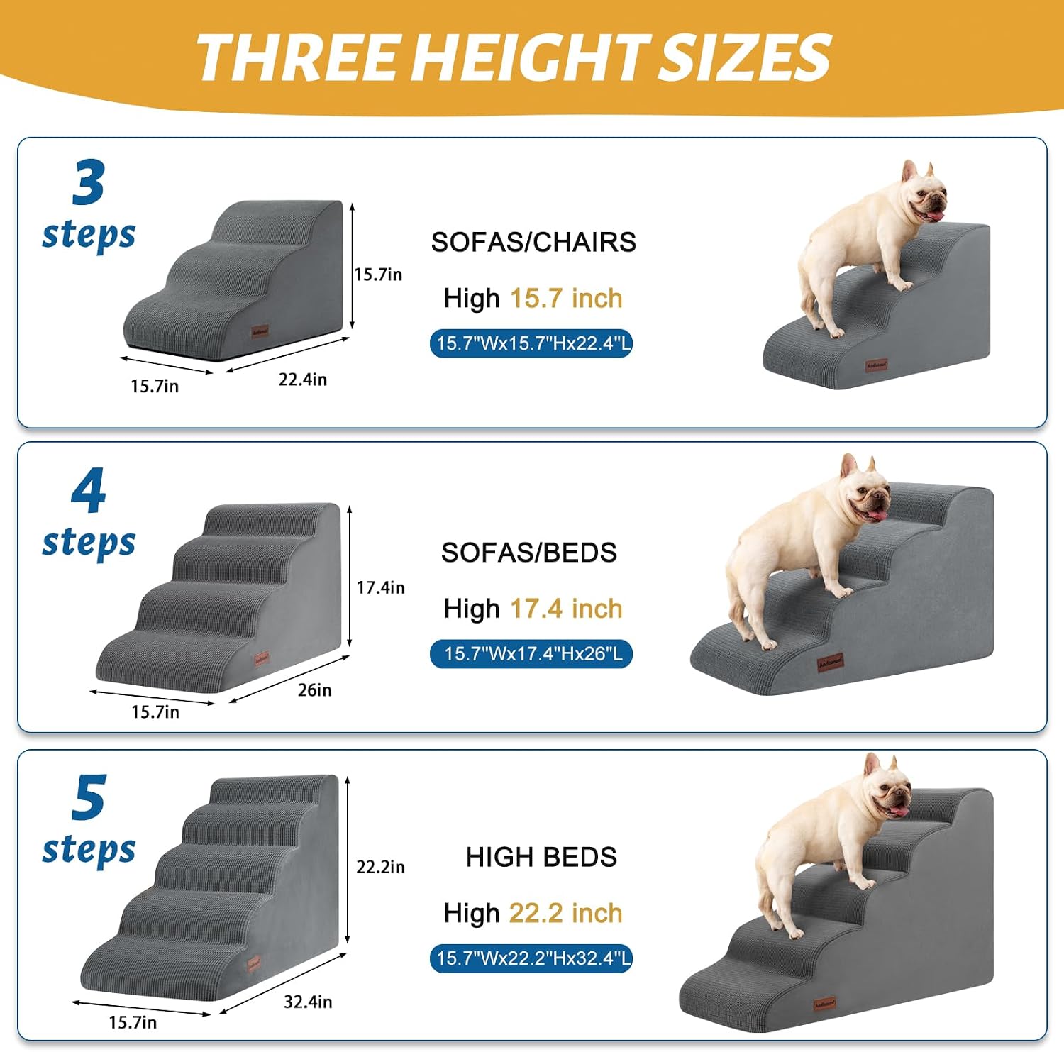 Aodisman Dog Stairs for Small Dogs and Cats,3-Step Pet Ramp for Bed & Couch