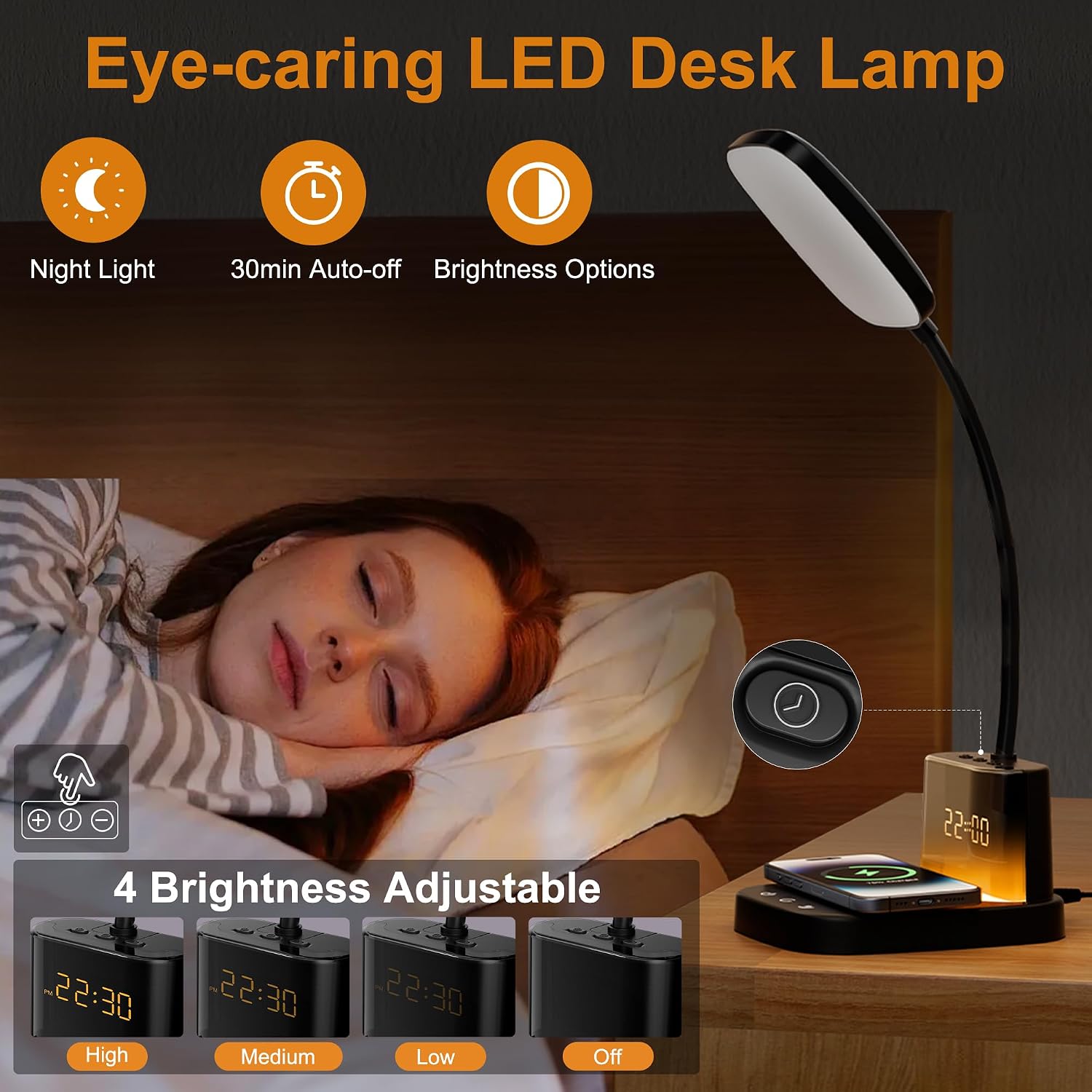 10W Wireless Charging LED Desk Lamp with Clock, Light Black