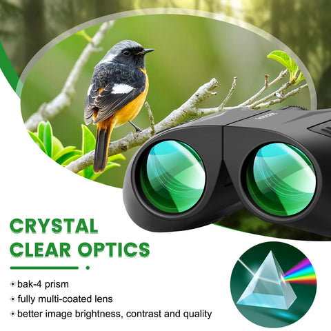 WRNRN 15X25 Compact Binoculars for Adults Kids, Small High Power Binoculars with Clear Large Vision, Waterproof Binoculars for Bird Watching Travel Cruise Wieldlife with Carrying Case and Neck Strap