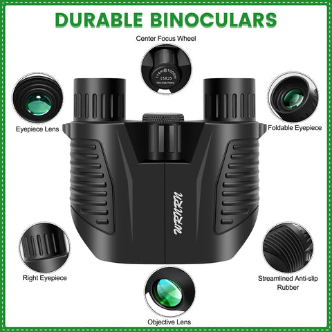 WRNRN 15X25 Compact Binoculars for Adults Kids, Small High Power Binoculars with Clear Large Vision, Waterproof Binoculars for Bird Watching Travel Cruise Wieldlife with Carrying Case and Neck Strap