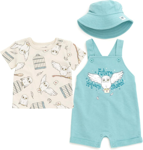 Harry Potter Hermione Hedwig Ron Weasley Baby French Terry Short Overalls T-Shirt & Hat 3 Piece Outfit Newborn to Infant