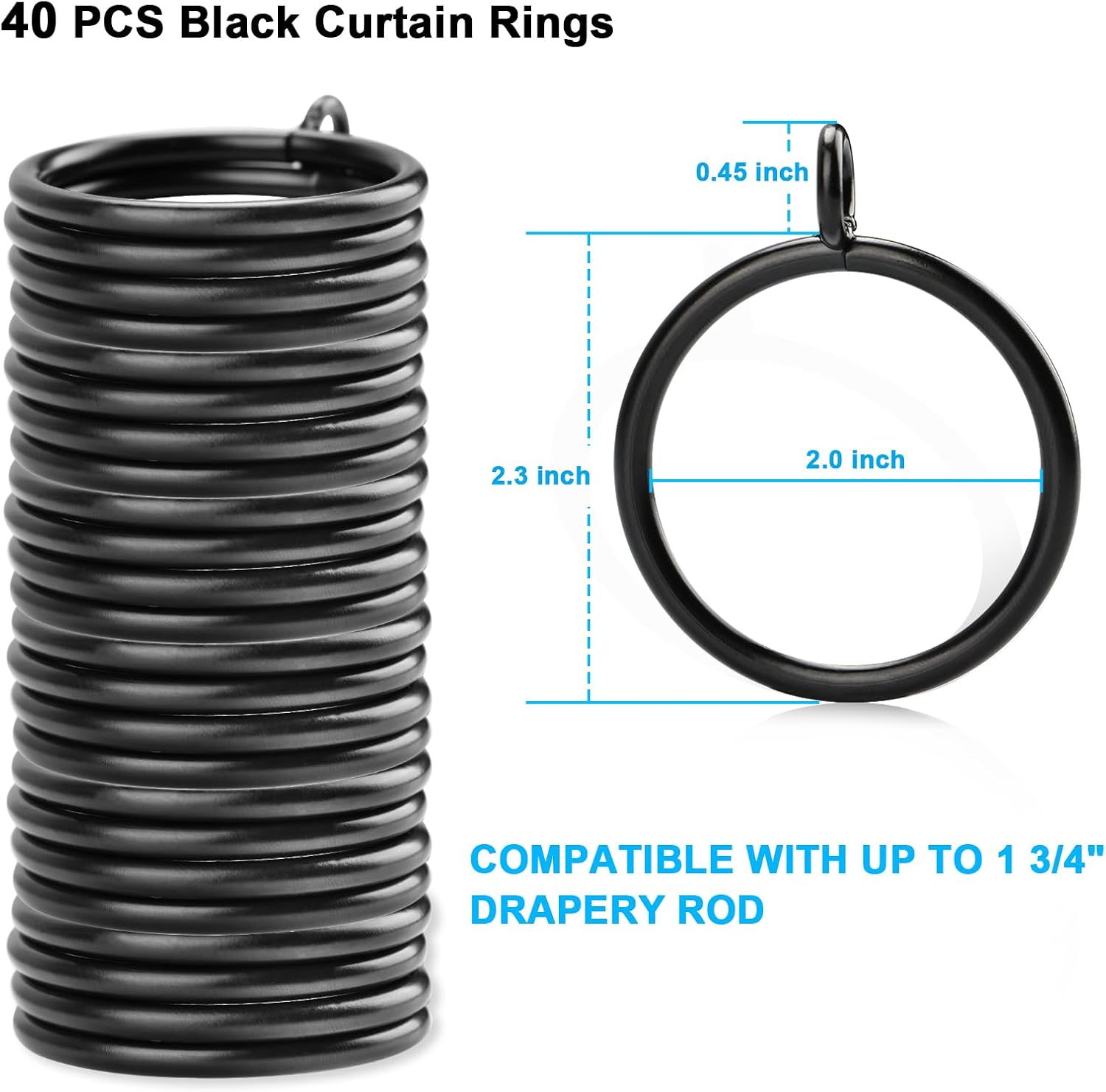 AWTOK 40 PCS Black Curtain Rings with Eyelet Apply for Fits Up to 1.75 inch Curtain Rod (Black Drapery Rings)