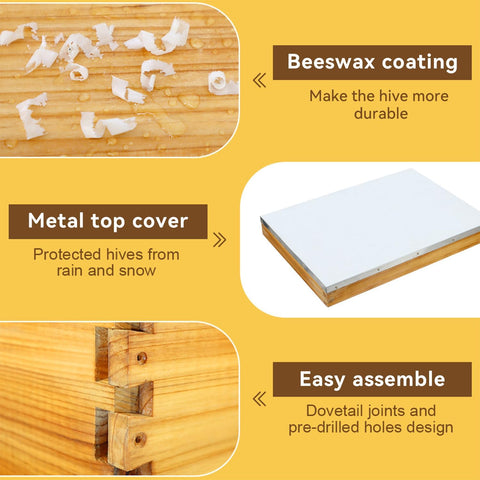 10 Frame Langstroth Beehive Kit Dipped in Heavy Beeswax Bee Hives with 1 Deep Bee Box and 1 Medium Bee Hive Box with Frame and Foundation(Unassembled)