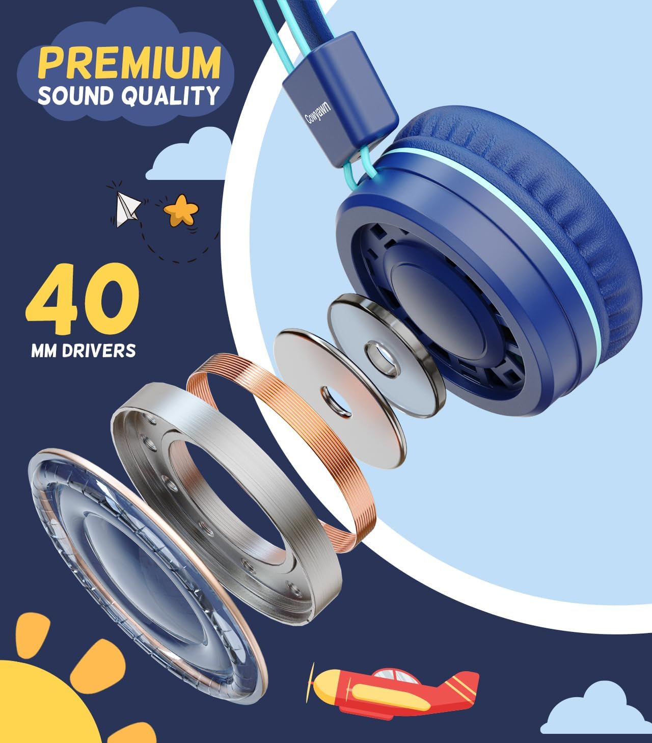Cowyawn USB Type C Kids Headphones for School, Wired Toddler Headphones, 94dB Volume Limited, HD Stereo Sound, Foldable Lightweight On-Ear Wired Headphones for Kids/Children/Teens/Boys (Dark Blue)