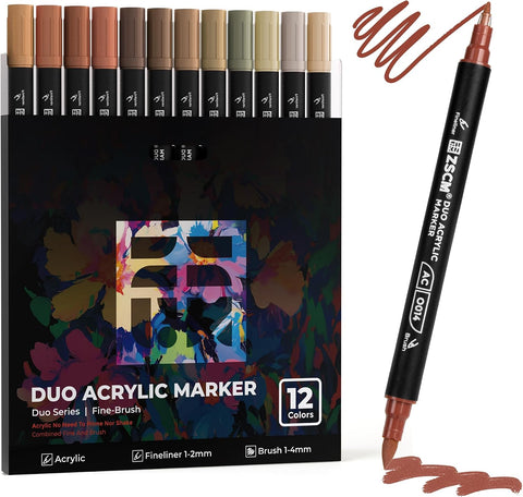 ZSCM 12 Brown Acrylic Paint Markers, Dual Fine & Brush Tip Acrylic Pens