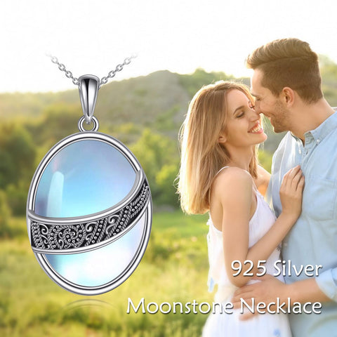 YAFEINI Moonstone Necklace Sterling Silver Vintage Filigree Oval Pendant Necklace Jewelry Christmas Gifts for Women