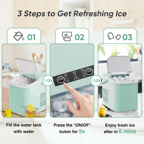 Sweetcrispy Countertop Ice Maker Machine Self-Cleaning, Fast Making 9 Ice Cubes in 6 Minutes, 26.5lbs/24Hrs, 2 Sizes Bullet Ice, Portable Ice Machine with Ice Scoop, Basket and Handle, Green