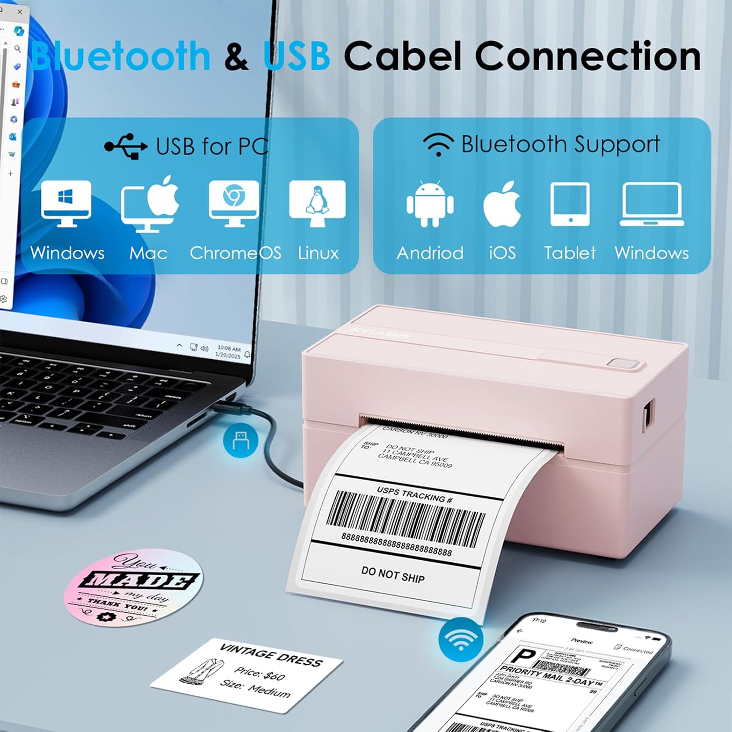 KNAON Bluetooth Thermal Shipping Label Printer 4x6 for Small Business, Pink