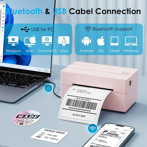 KNAON Bluetooth Thermal Shipping Label Printer 4x6 for Small Business, Pink
