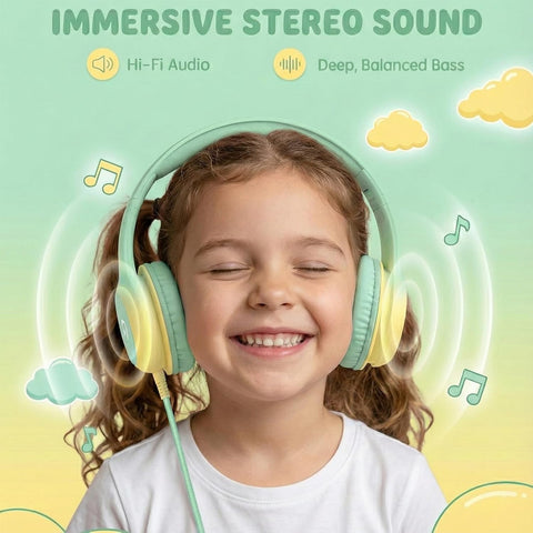 ADOOPE Wired Kids Headphones with USB C Plug, 85dB Safe Volume, Adjustable Headband, Tangle-Free Cord Headphones for School, Tablet, Travel (Mint Green & Cream Yellow, Without Microphone)