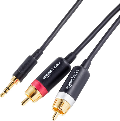 Amazon Basics 3.5mm Stereo Aux to 2 RCA Audio Cable Adapter for Sound, Connecting Amplifiers, Speakers, Smartphone, Tablet with Gold-Plated Plugs, 4 Feet/1.2 m, Black
