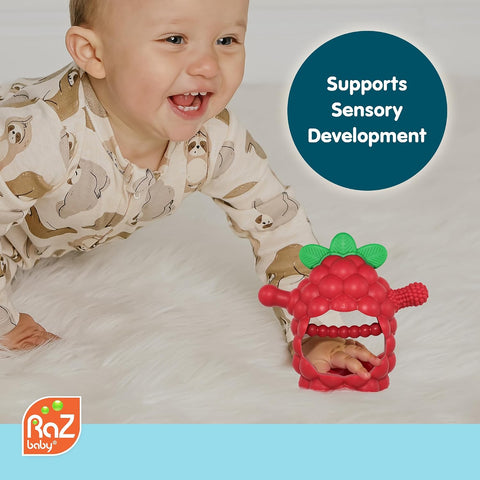 RaZbaby RaZberry Grip Silicone Teether Toy for 3M+ | Drop Resistant Hand Held Teether for Babies and Infants - Designed by Nature with Our Patented BerryBumps Multitextured Design | 3M+, Red