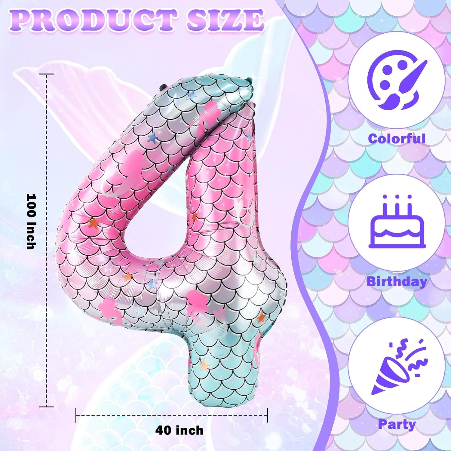 40 Inch Mermaid Number 4 Balloon, Sea Themed Birthday Decorations for Girls