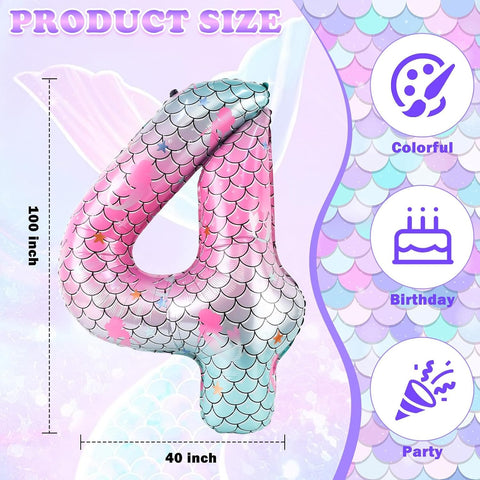 40 Inch Mermaid Number 4 Balloon, Sea Themed Birthday Decorations for Girls