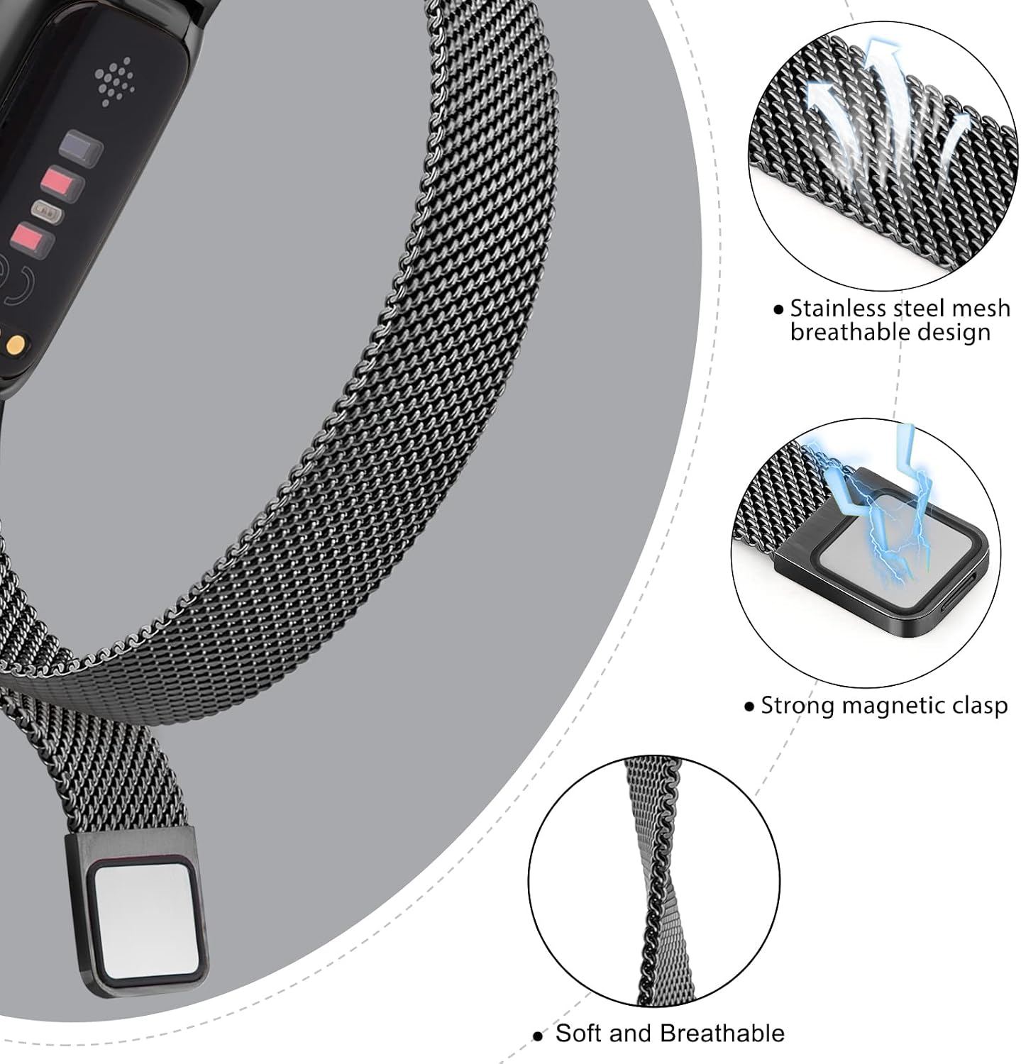 Vanjua for Fitbit Inspire 3 Bands Women Men, Stainless Steel Metal Mesh Loop Adjustable Magnetic Wristband Replacement Straps Compatible with Fitbit Inspire 3 Fitness Tracker