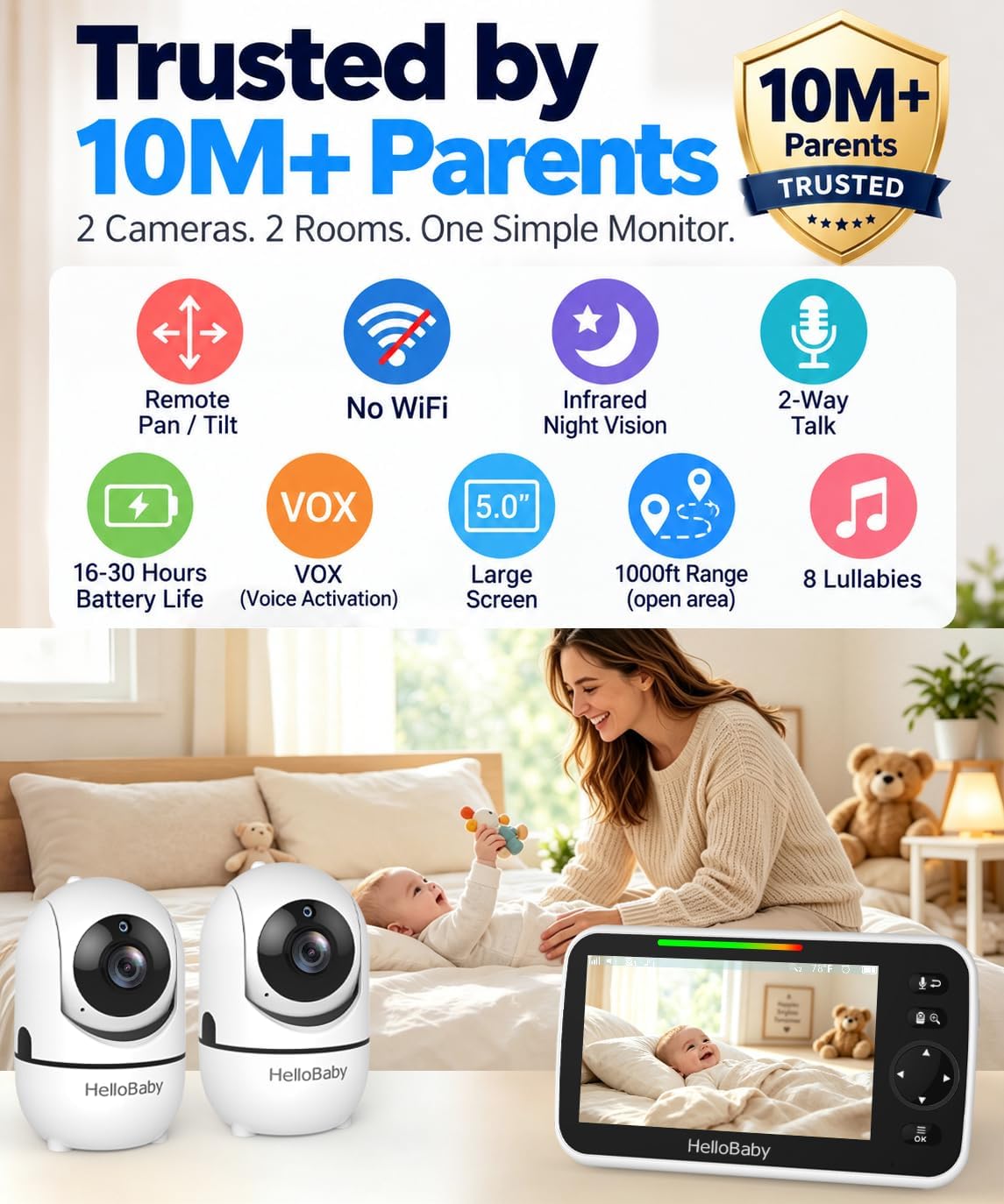 HelloBaby HB6550-2 5" Dual Camera Baby Monitor No WiFi, Pan Tilt Zoom