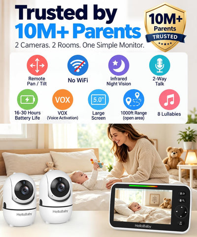 HelloBaby HB6550-2 5" Dual Camera Baby Monitor No WiFi, Pan Tilt Zoom
