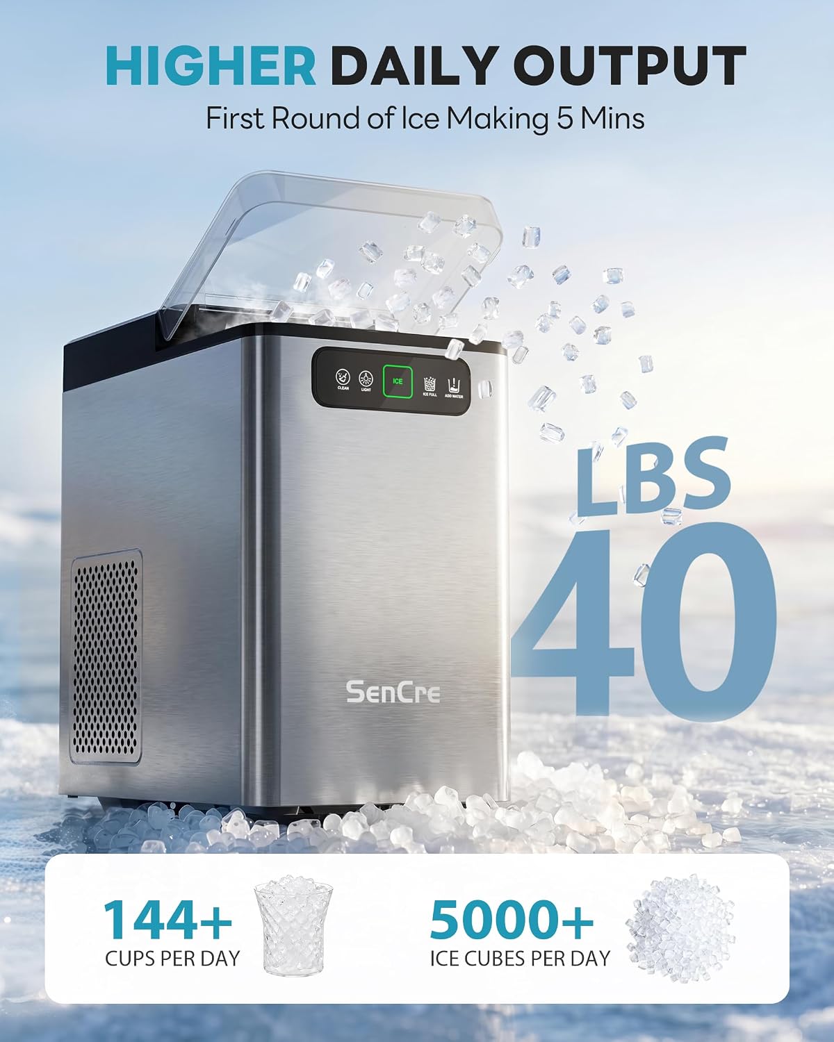 Nugget Ice Maker Countertop 40Lbs/24H Soft Chewable Ice Machine