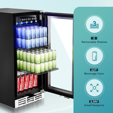EUHOMY 15 Inch Beverage Refrigerator, 127 Can Under Counter Refrigerator
