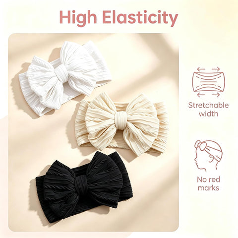 3 Pcs White Beige Black Baby Bows Headbands Soft Nylon Hairbands Super Elastic Headband Hair Accessories For Baby Girls Infant Toddler Essentials (White Beige Black)