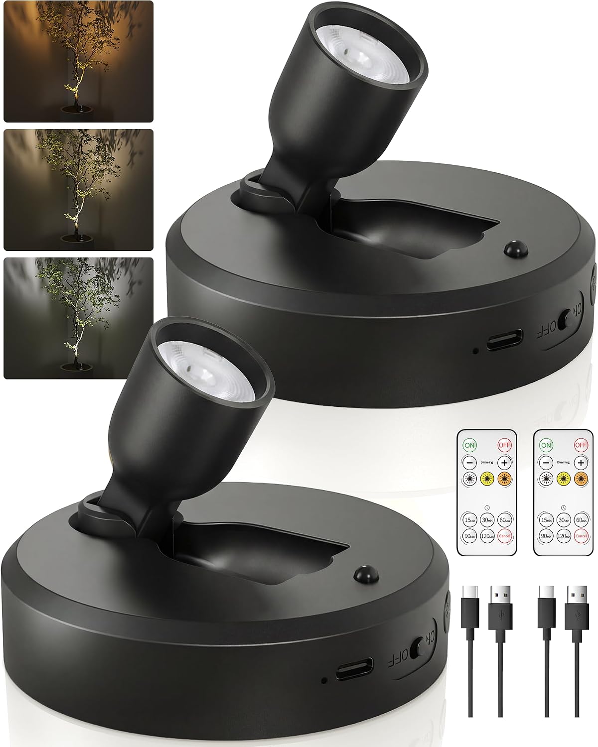 EZVALO 2-Pack Spotlight Indoor, Rechargeable Battery Picture Lights, Wireless Uplights with Remote, Dimmable, ⁠3 Color Temperatures⁠, Timer, Accent Lighting for Plants, Trees, Art, Displays