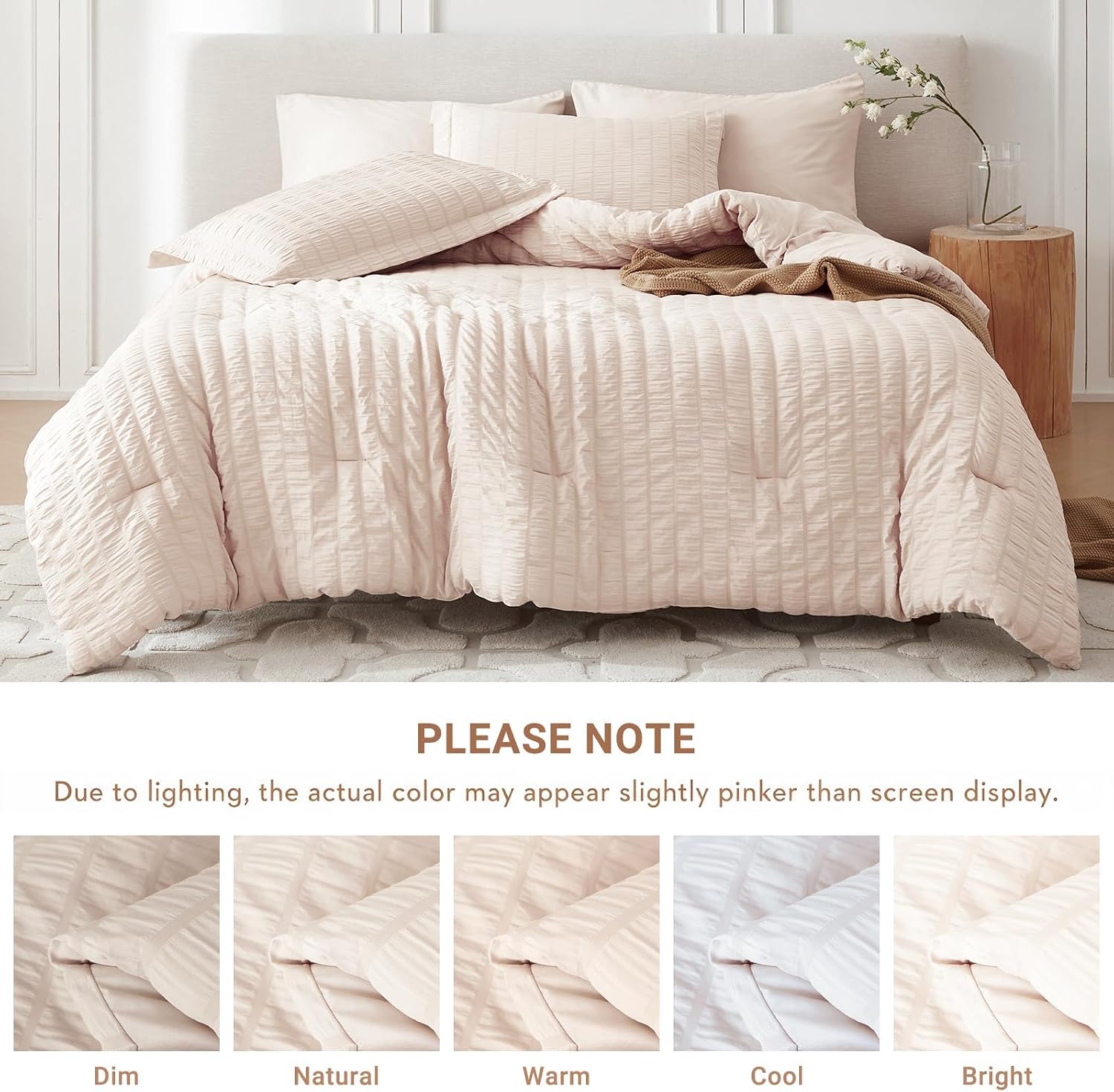 MUXHOMO Twin XL Comforter Set 5 Pieces, Seersucker Bed in a Bag, Beige