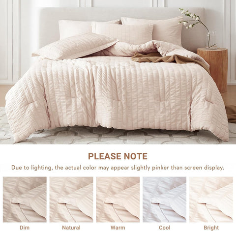 MUXHOMO Twin XL Comforter Set 5 Pieces, Seersucker Bed in a Bag, Beige