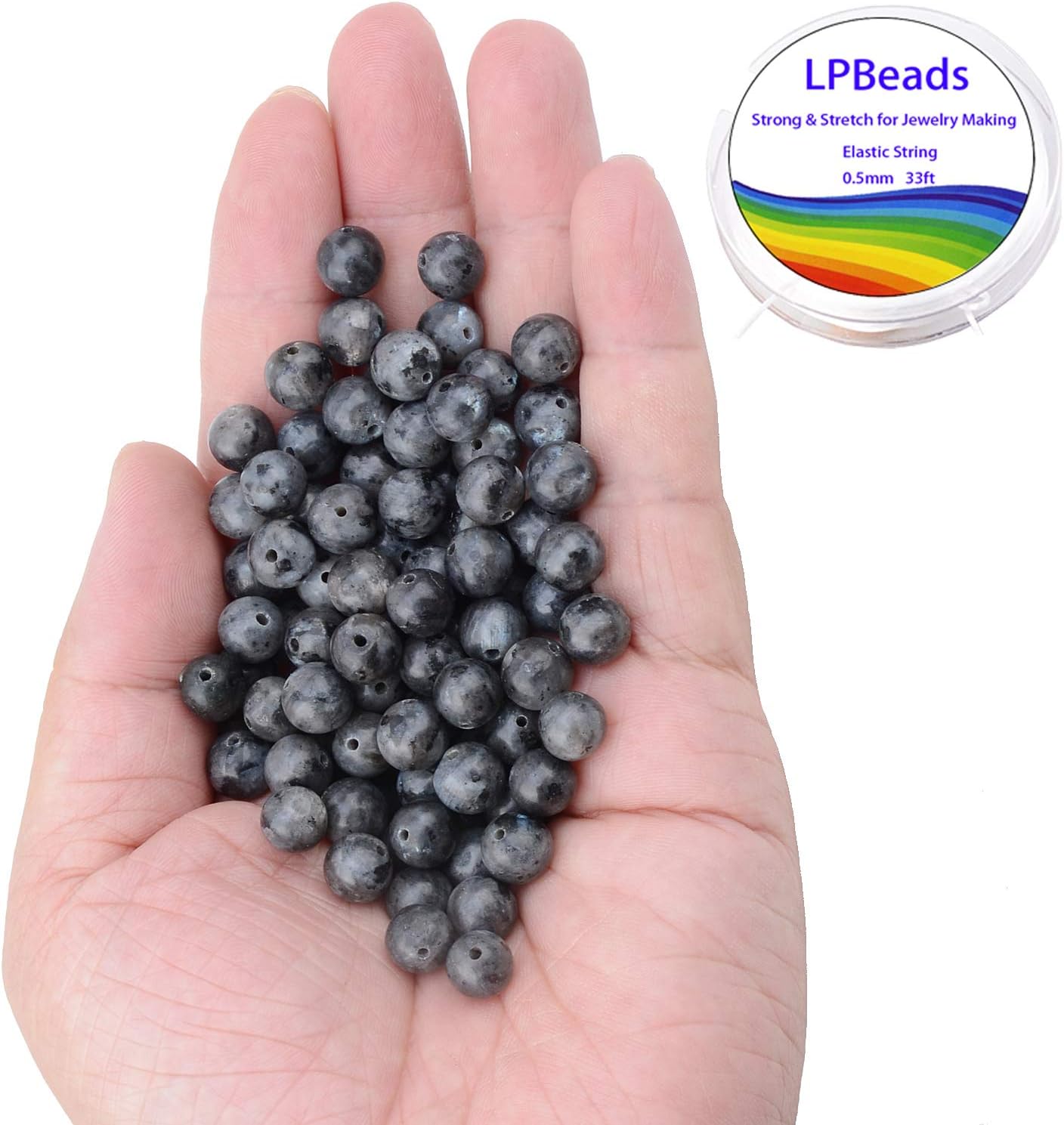 LPBeads 100PCS 8mm Natural Black Larvikite Beads Gemstone Round Loose Beads for Jewelry Making with Crystal Stretch Cord