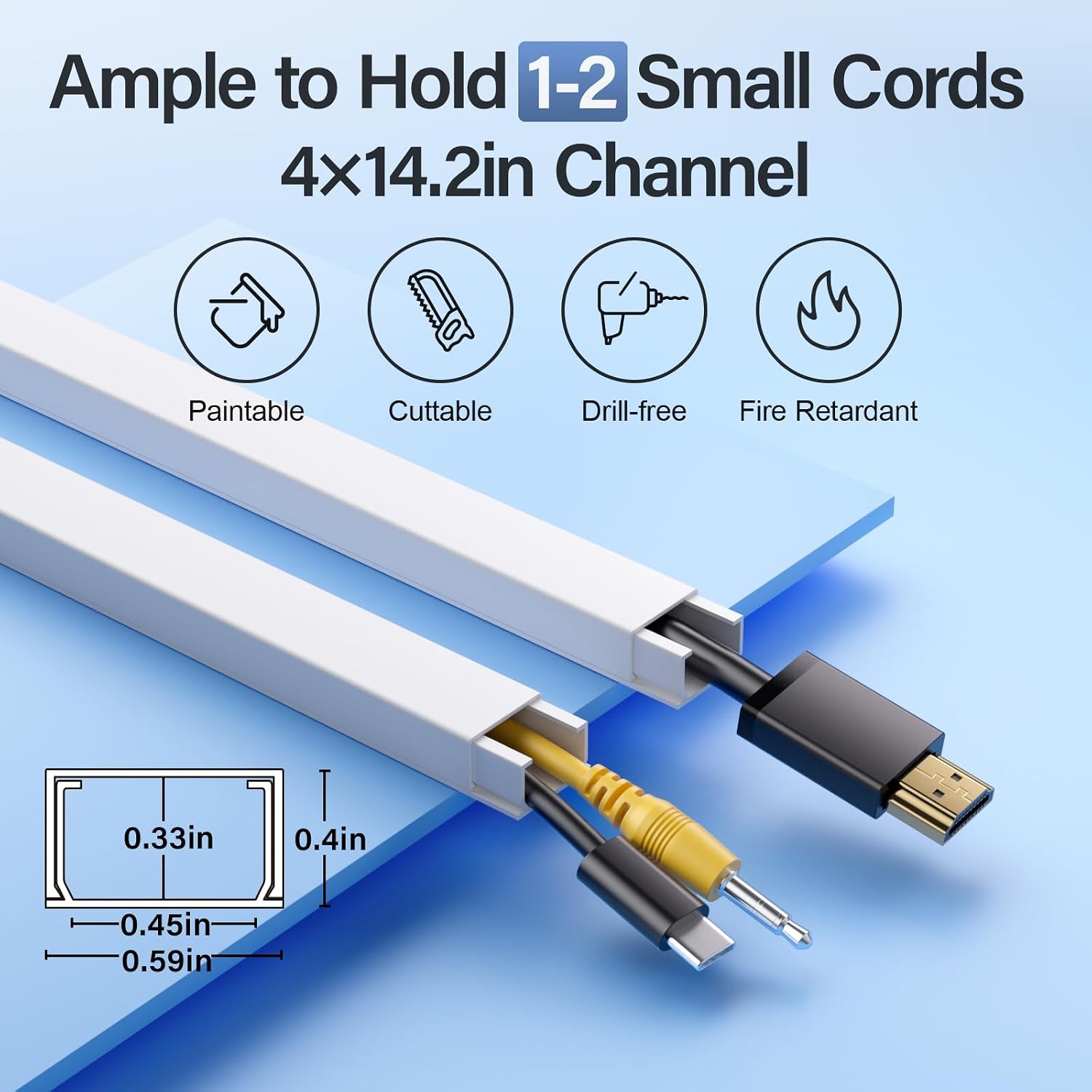 Delamu 56.7in Cord Hider, Cord Covers for 1-2 Wires on Wall, One-Cord Cable Hider, Easy Install Wire Hider Wire Covers for Cords on Wall, Cable Cover Raceway to Hide Wires Along Wall, W0.59 H0.4in
