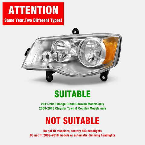 for 2008-2016, 2018-2020 Chrysler Town & Country Headlight
