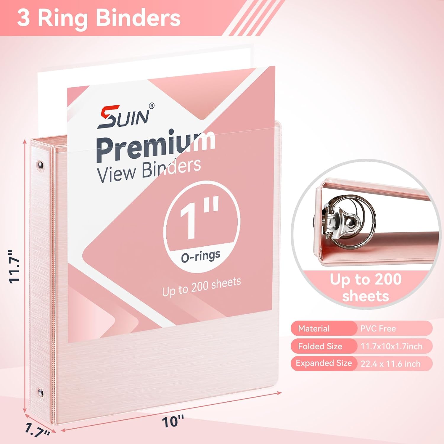 SUIN 1 Inch 3 Ring Binder, Clear 1'' View Presentation Binders with 2 Pockets, Fits 8.5 x 11 Letter Size, Durable Polypropylene, Non-Stick & PVC-Free for School, Office & Home (Brushed Pink)