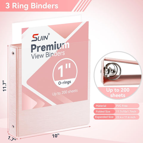 SUIN 1 Inch 3 Ring Binder, Clear 1'' View Presentation Binders with 2 Pockets, Fits 8.5 x 11 Letter Size, Durable Polypropylene, Non-Stick & PVC-Free for School, Office & Home (Brushed Pink)