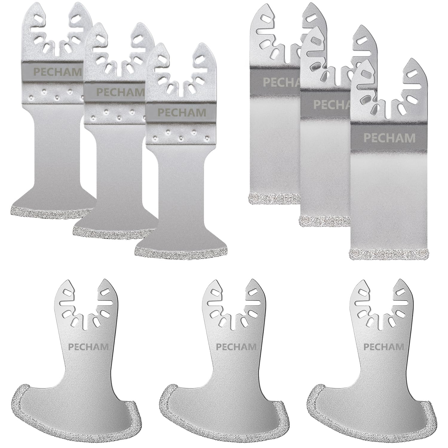 PECHAM 9PCS Diamond Oscillating Tool Blade, Multi Tool Blades Kits for Grout Removal and Soft Tile Cut, Fit Porter Cable Black & Decker Rockwell Ridgid Ryobi Milwaukee Chicago