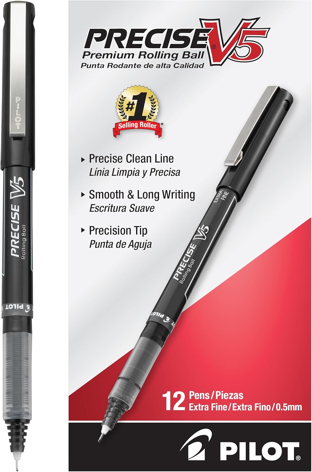 PILOT Precise V5, Extra Fine Point 0.5 mm Black Pens, Black, Pack of 12