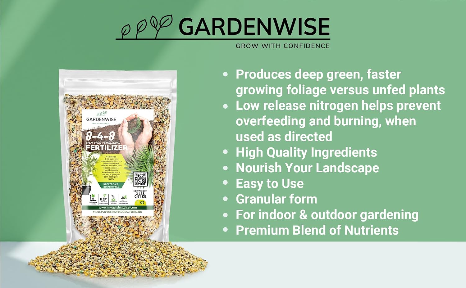 Gardenwise 8-4-8 Professional Palm Tree Fertilizer Plant Food; for Indoor Potted Plants and Outdoor Landscape Palm Trees; Quick-Release Nitrogen Fertilizer and Continuous Feeding (1/2 Quart)