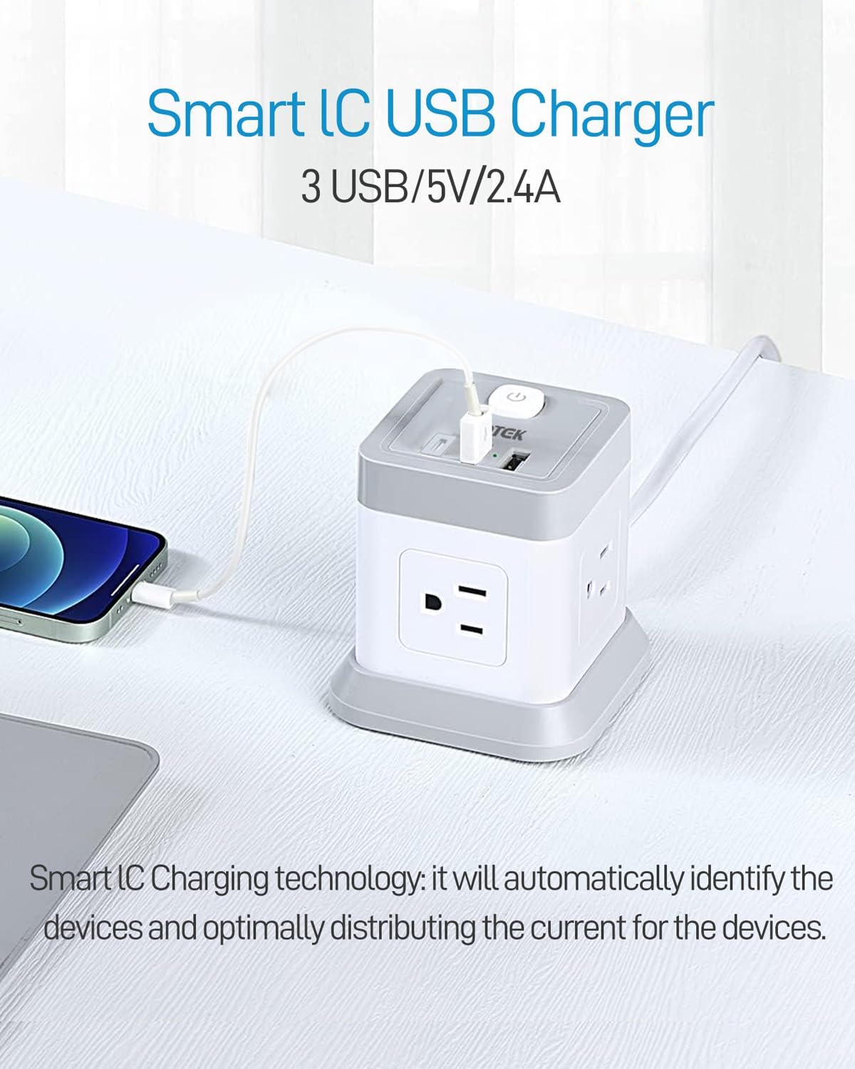 FDTEK 2 Prong Power Strip USB C, 4 Outlets 3 USB 5 FT Extension Cord White