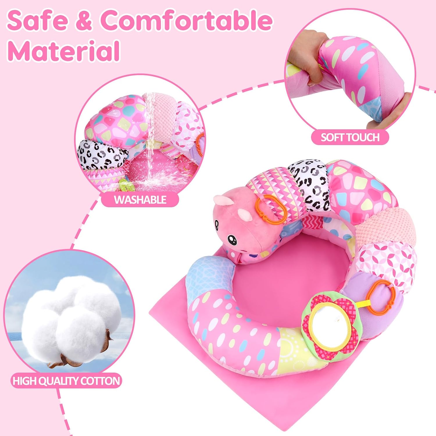 2 in 1 Baby Tummy Time Mat & Support Seated Pillow Infant Newborn Toys 0 1 2 3 4 5 6 Months Pink Caterpillar Sensory Developmental Playmat 0-6 3-6 12 Month Mirror Babies Girls Shower Gifts Essentials