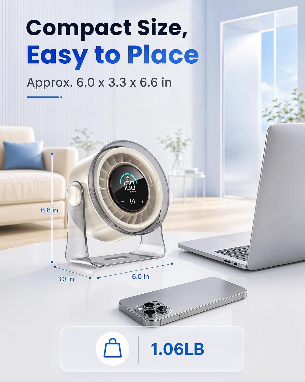 Small Desk Fan, 100-Speed Quiet Rechargeable for Office & Bedroom