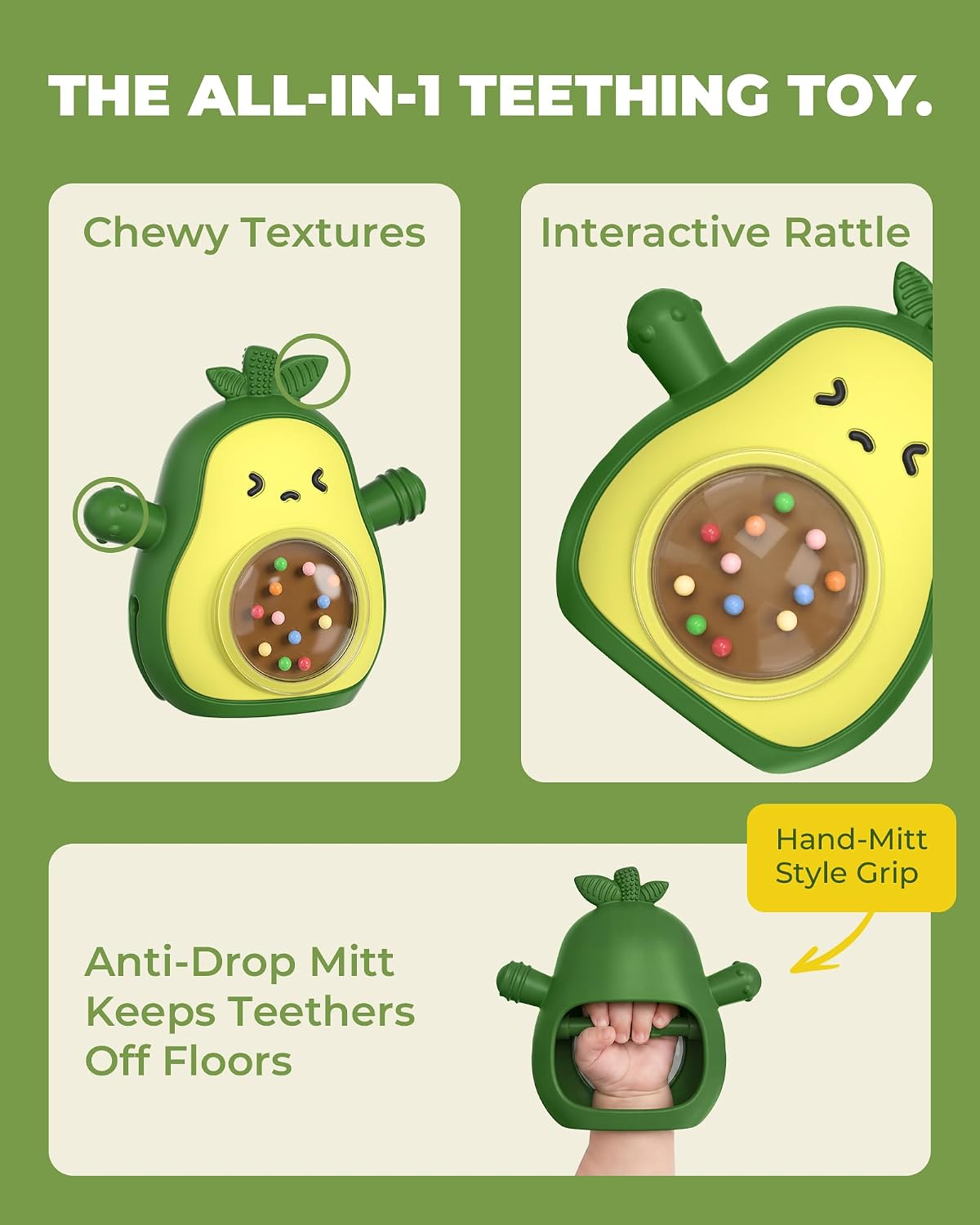 Infinno Avocado Silicone Teething Toy with Rattle for Infant 3-12 Months