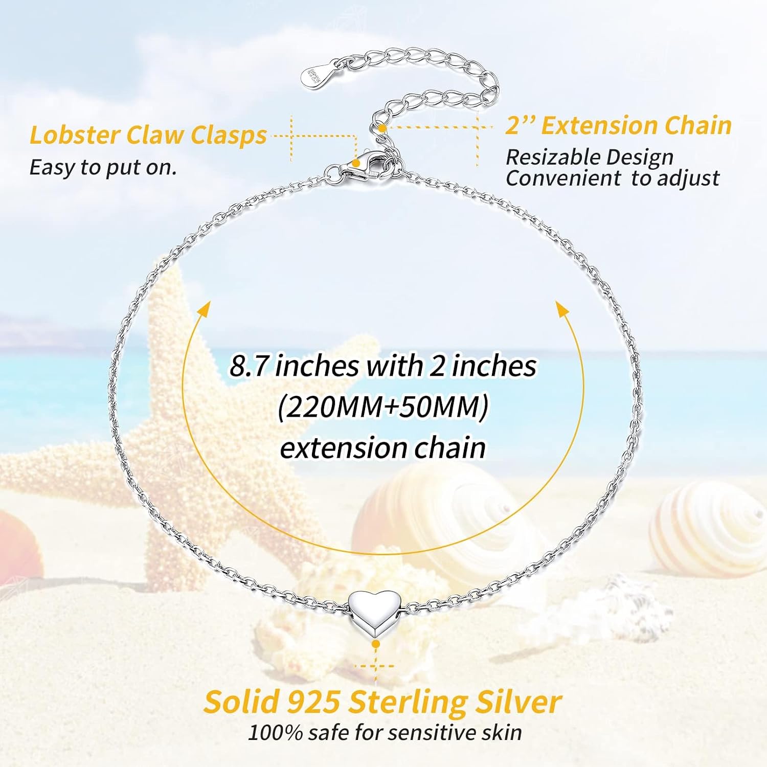 ChicSilver Personalized 925 Sterling Silver Tiny Heart/Moon/Star/Sun/Dot/Triangle Anklets Simple Dainty Foot Jewelry for Women, Silver/Gold Plated/Rose Gold Plated